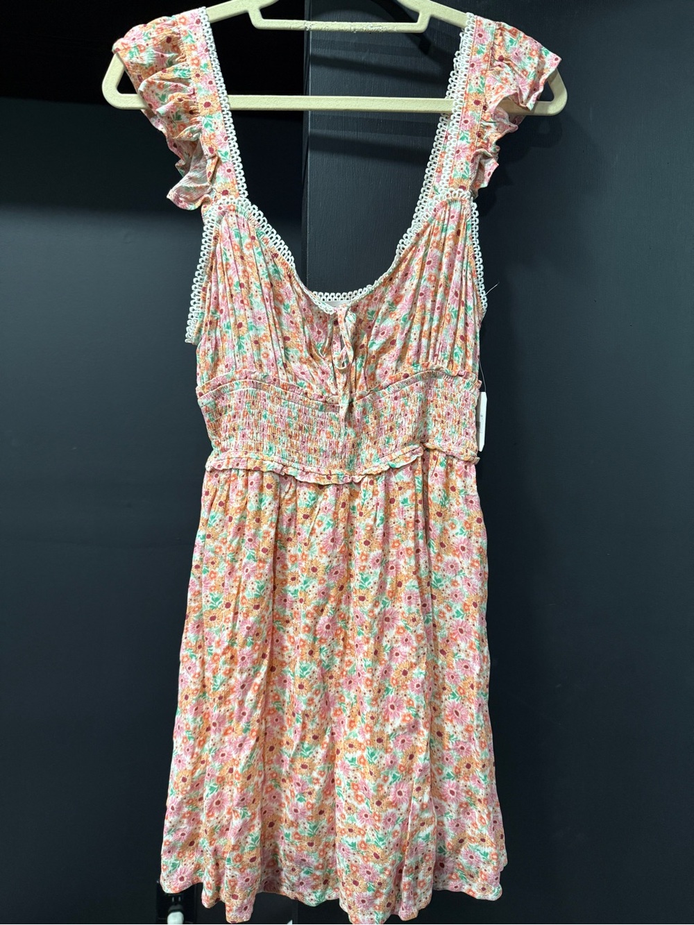 Altar'D Floral Ruffle Sundress in Peach-Pink with Crochet Trim